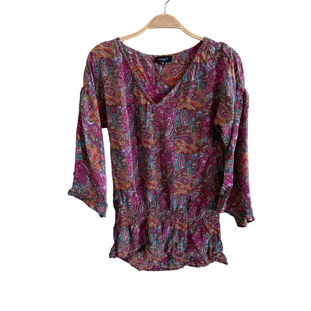Tolani Silk Paisley V-Neck Smocked Waist Blouse Pink Purple Boho Top Small